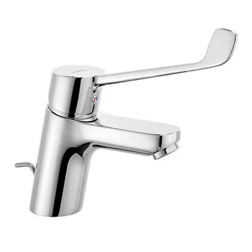 Chromfarbener Waschtischarmatur von Kludi mit einem langen Hebel zum Bedienen. Die Armatur hat eine moderne, klare Form und ist für den Einsatz in Waschtischen konzipiert.